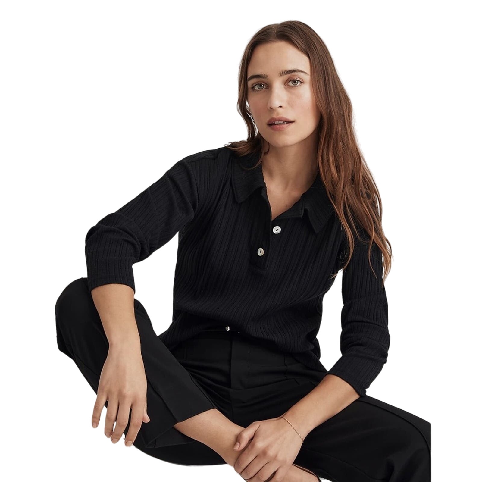 Madewell Black Variegated Rib Boxy Polo Shirt Size Xs No377